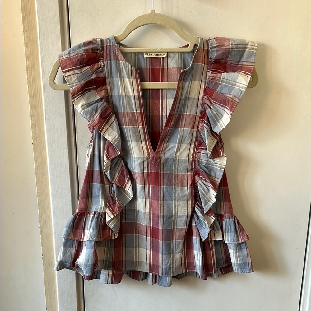Adorable Ulla Johnson Red and Blue Plaid Ruffle Top
